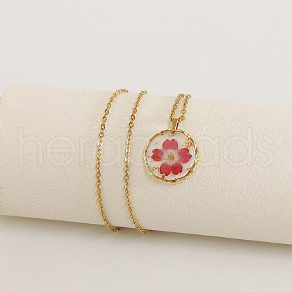 Alloy & Plastic Inner Flower Flat Round Pendant Necklaces FS-WG8915D-01-1