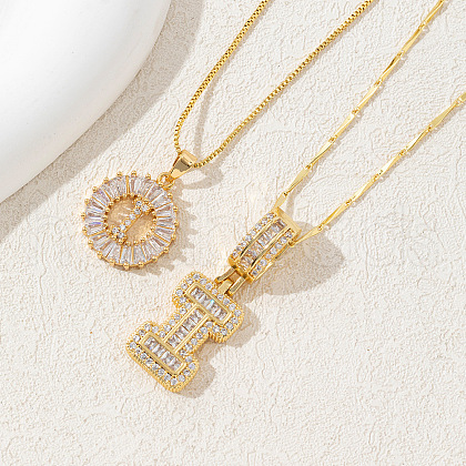 2Pcs 2 Styles Brass Pave Clear Cubic Zirconia Initial Pendant Necklace Sets FS-WGBC393-09-1