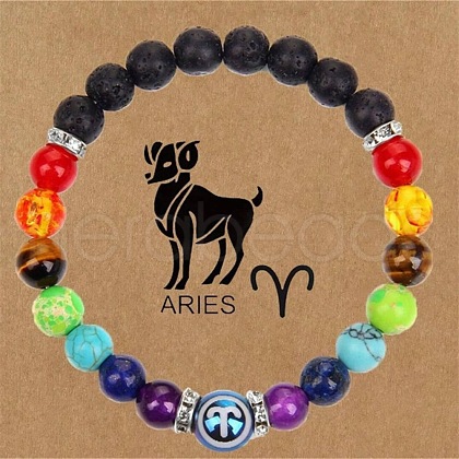 12 Constellations 7 Chakra Natural Lava Rock & Agate & Amethyst & Tiger Eye & Turquoise & Glass Round Beadeed Stretch Bracelets WG33A89-01-1