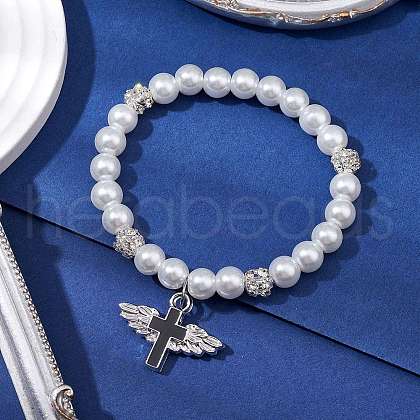 Brass and Glass Pearl Beads Stretch Bracelets for Women BJEW-JB11381-02-1