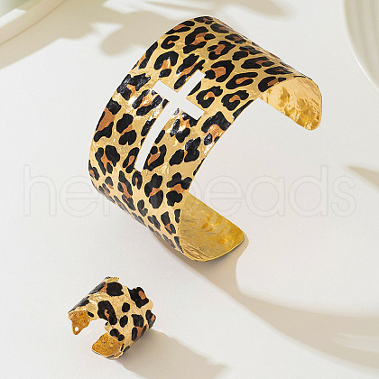 Leopard Print & Cross Pattern Alloy Cuff Bangles & Cuff Rings Sets WG9E489-01-1