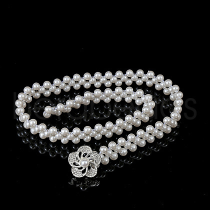 White Acrylic Pearl Beaded Elastic Chain Belts with Alloy Buckles WG1BD5E-04-1