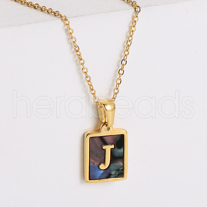 304 Stainless Steel Pave Natural Paua Shell Rectangle Initial Pendant Necklaces for Women FS-WG38E89-10-1
