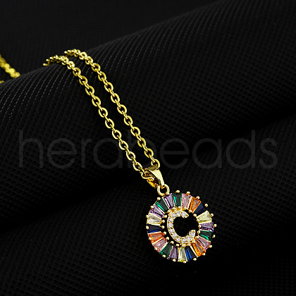Brass Pave Colorful Cubic Zirconia Initial Ring Pendant Necklaces FS-WGF1437-03-1
