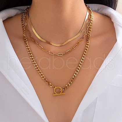 3Pcs 3 Styles Brass & Iron Chain Necklaces Set NJEW-V003-08G-1
