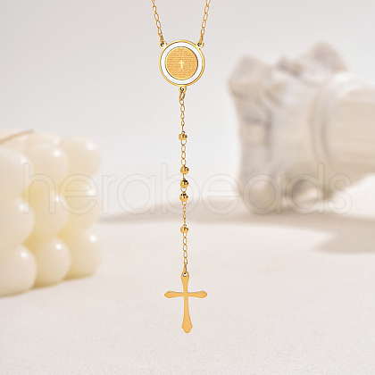 Stainless Steel Vintage Relief Portrait Pendant Tassel Cross Rosary Bead Necklaces for Women UI6948-3-1