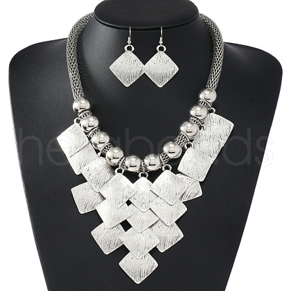 Alloy Rhombus Tassel Pendant Necklace & Dangle Earrings Sets FS-WG53DC8-02-1