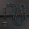 Dyed Natural Blue Tiger Eye(Dyed & Heated) Round Beads Long Chain Cross Pendant Necklaces for Men PM3640-4-1