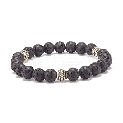 Natural Lava Rock & Alloy Round Beaded Stretch Bracelet BJEW-JB07897-01-1