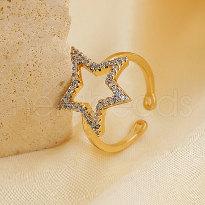 Elegant Hollow Star Brass Micro Pave Cubic Zirconia Cuff Rings for Women SM3654-2-1