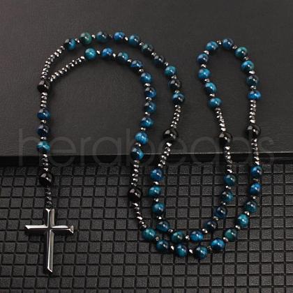 Dyed Natural Blue Tiger Eye(Dyed & Heated) Round Beads Long Chain Cross Pendant Necklaces for Men PM3640-4-1