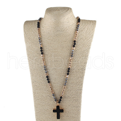 Cross Bohemian Style Natural Lava Rock Pendant Glass Beaded Necklaces FS-WG0F67E-01-1