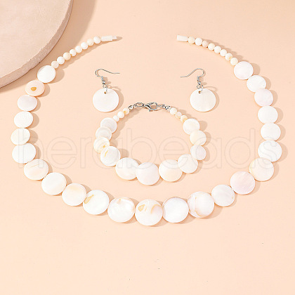 Natural Shell Flat Round Beaded Necklaces & Beaded Bracelets & Dangle Earrings Sets FS-WG8647B-01-1