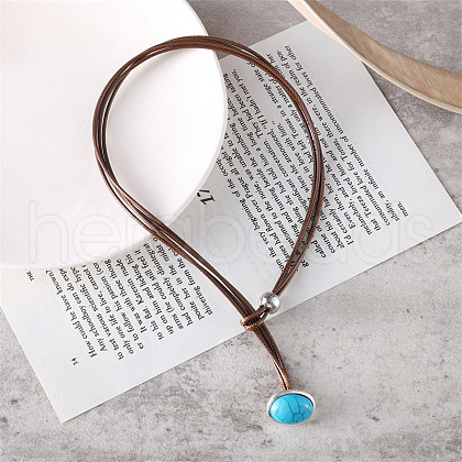 Oval Alloy & Synthetic Turquoise Pendant Imitation Leather Cord Double Layer Lariat Necklaces FS-WG9CD33-01-1