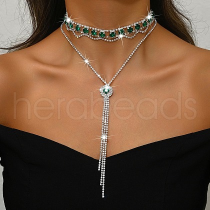 Brass Full Rhinestone Flat Round Tassel Y Necklaces for Women NJEW-M104-01S-01-1