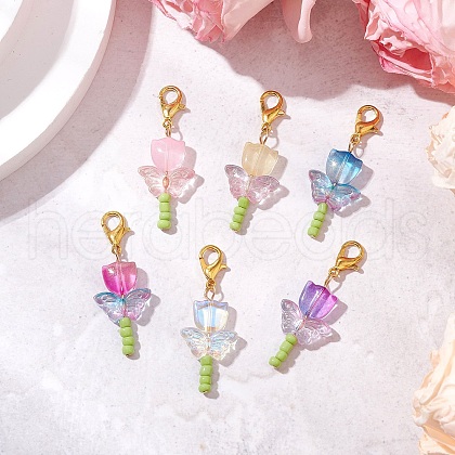 Zinc Alloy Lobster Claw Clasps with Spray Painted Transparent Glass Beads and Glass Seed Beads and 304 Stainless Steel Flat Head Pins Decorations HJEW-JM03034-1