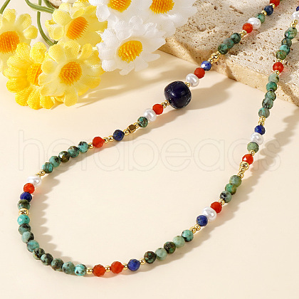 Bohemian Style Faceted Round Natural African Turquoise(Jasper) & Carnelian & Lapis Lazuli & Imitation Pearl Beaded Necklaces for Women NJ3781-1