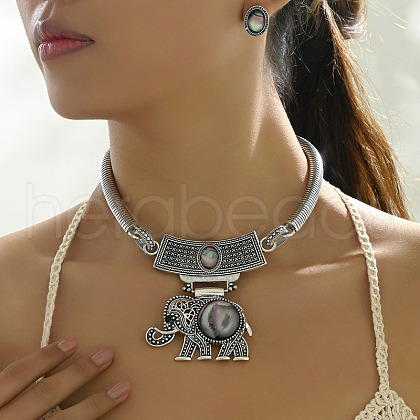 Elephant Alloy & Resin Pendant Necklaces & Stud Earring Sets FS-WG1F315-01-1