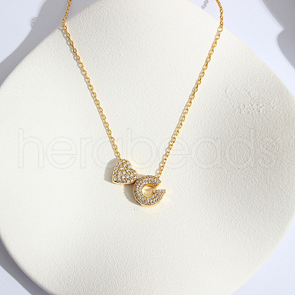 Heart Initial Brass Micro Pave Clear Cubic Zirconia Pendant Necklaces FS-WG89C2E-07-1