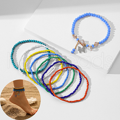 Bohemian Resin & Glass Seed Beaded Stretch Multi-Layered Anklet Sets WG187EB-13-1