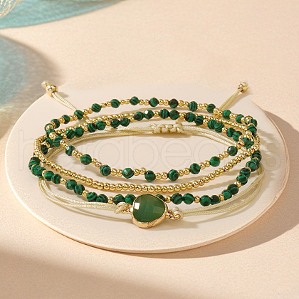4Pcs 4 Styles Synthetic Malachite & Brass Round Stretch Bracelet & Triangle  Link Bracelet Set CD1271-1