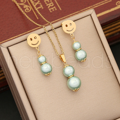 Smiling Face & Gourd Stainless Steel & Plastic Imitation Pearl Pendant Necklace & Stud Dangle Earring FS-WGB6B23-06-1