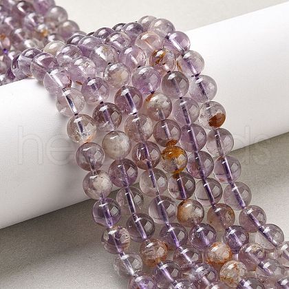 Natural Round Purple Lodolite Quartz/Purple Phantom Quartz Beads Strands G-R011-A01-02-1