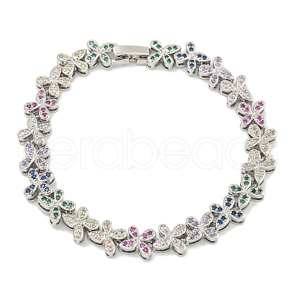 Rack Plating Brass Pave Cubic Zirconia Butterfly Link Bracelets for Women BJEW-B110-05P-01-1