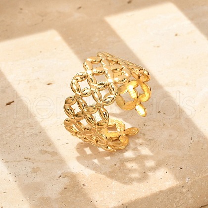 Flower 304 Stainless Stee Open Cuff Rings for Women RJEW-Q006-03E-G-1