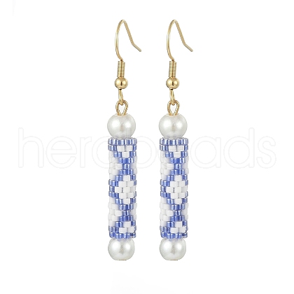 Glass Pearl & Seed Column Dangle Earrings EJEW-MZ00059-01-1