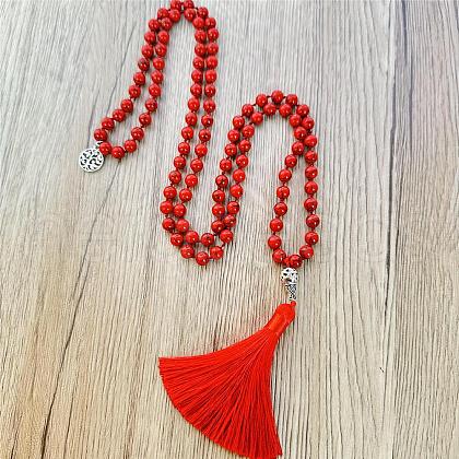 Dyed Synthetic Turquoise Mala Prayer Round Beaded Wrap Necklaces with Long Tassel and Metal Tree of Life FS-WG93CBE-05-1