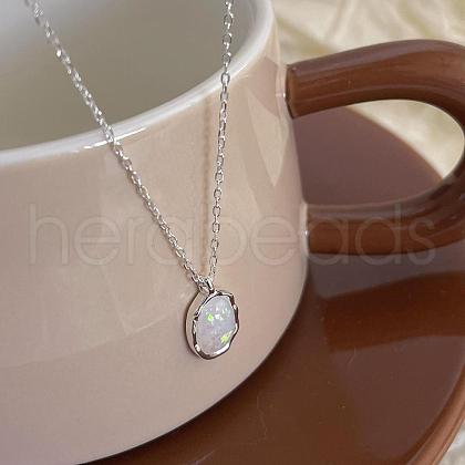 925 Sterling Silver Synthetic White Opal Oval Pendant Cable Chain Necklaces for Women FS-WG862D3-02-1