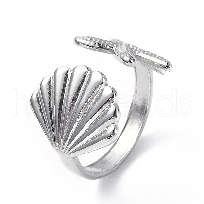 304 Stainless Steel Shell with Starfish Open Cuff Ring for Women RJEW-C046-03P-1