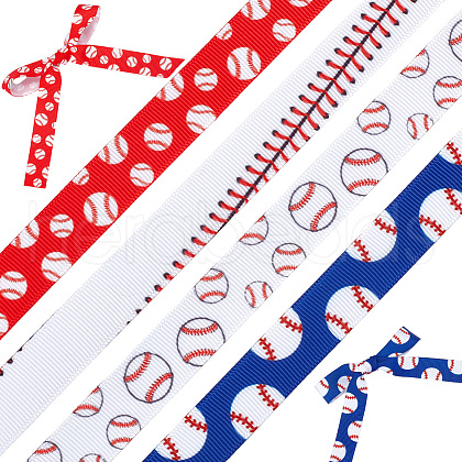 HOBBIESAY 4 Rolls 4 Styles Polyester Baseball Printed Grosgrain Ribbon OCOR-HY0001-17-1