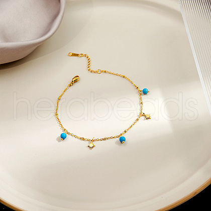 304 Stainless Steel & Round Synthetic Turquoise Charm Anklets FS-WGA577E-06-1