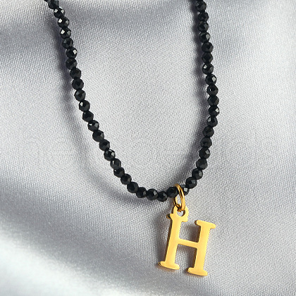304 Stainless Steel Initial Pendant Black Glass Faceted Round Beaded Pendant Necklaces for Women FS-WGC61DE-08-1