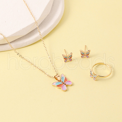 Butterfly Alloy Enamel Pendant Necklaces & Stud Earrings & Rings Sets FS-WGCE538-01-1