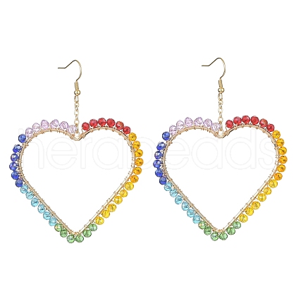 Brass Heart with Glass Beaded Dangle Earrings EJEW-JE05337-1