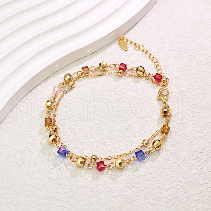 Elegant Vintage Style Brass Faceted Round & Colorful Cube Glass Link Chain Double Layer Adjustable Ladies Anklets YV3185-2-1