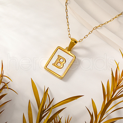 Rectangle Stainless Steel Pave Natural White Shell Initial Pendant Necklaces for Women FS-WGB5EDA-02-1