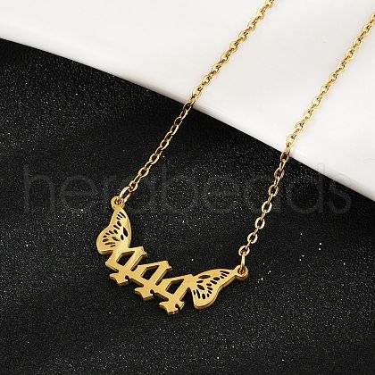 201 Stainless Steel Number 444 with Butterfly Wings Pendant Necklaces NJEW-P332-01B-G-1