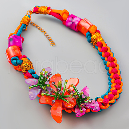 Bohemian Resin & Glass Flower Braided Cotton Cord Choker Necklaces for Women FS-WGA4DC0-01-1