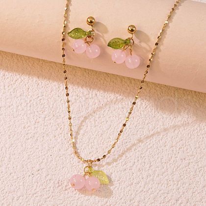 Cherry 304 Stainless Steel Glass Pendant Necklaces & Stud Dangle Earrings Sets WGB239D-02-1