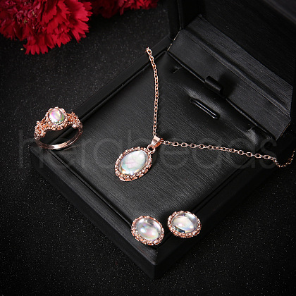 Oval Alloy & Acrylic Imitation Moonstone Pendant Necklaces & Stud Earrings & Rings Sets FS-WG10CC3-01-1-1