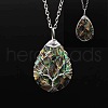 Double Sided Natural Paua Shell Copper Wire Wrapped Tree of Life Teardrop Pendant Necklaces FS-WG9357B-03-1