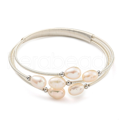 Mother's Day Jewellery Three-Loops Brass & Natural Freshwater Pearl Beaded Wrap Bracelets for Women BJEW-F470-04S-01-1