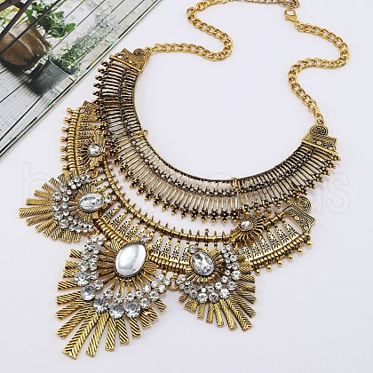 Alloy Crystal Rhinestone Ethnic Boho Trible Floral Chunky Bib Necklaces for Women FS-WG8FFE1-01-1