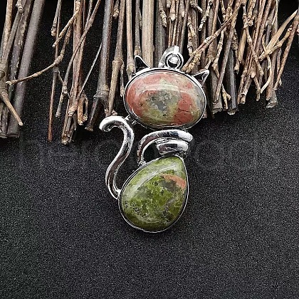 Alloy Pave Natural Unakite Cat Shaped Pendant Necklaces FS-WG6CBFA-07-1