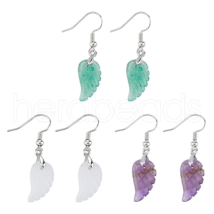 FIBLOOM 3 Pairs 3 Styles Natural Mixed Gemstone Wings Dangle Earrings with Brass Pins for Women EJEW-FI0003-19-1