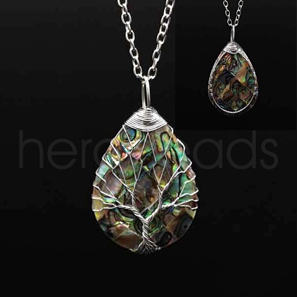 Double Sided Natural Paua Shell Copper Wire Wrapped Tree of Life Teardrop Pendant Necklaces FS-WG9357B-03-1
